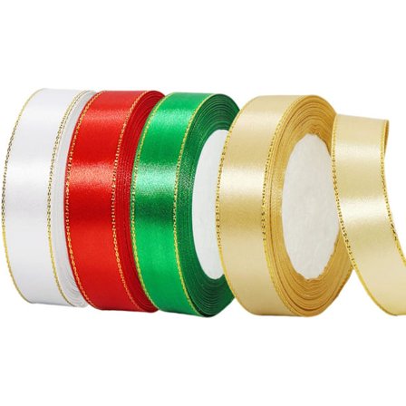 4 Ruller 20mmx22m Grøn/Rød/Guld/Hvid Bånd med Guldkant, Jule Dobbeltsidet Satinbånd Rulle til Håndværk DIY, Julebånd til Gaveindpakning