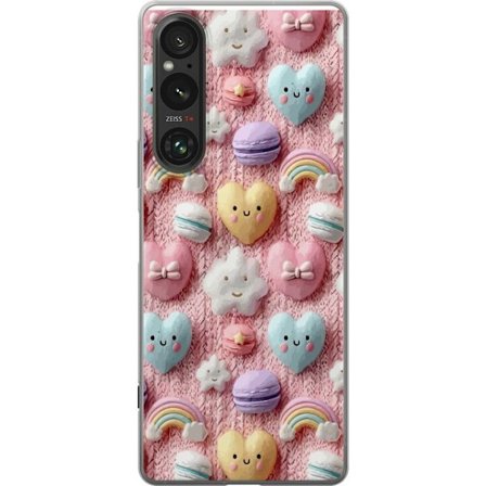 Yhteensopiva Puhelinkuori Sony Xperia 1 V Pastellimotiiivi sydämillä, pilvillä, sateenkaarilla ja makaronseilla vaaleanpunaisella taustalla suloisessa