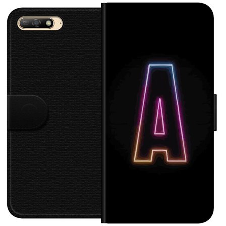 Kompatibel Tegnebogsetui til Huawei Huawei Y6 (2018) Minimalistisk neonbogstav A i regnbuefarvet lys mod sort baggrund i moderne typografisk stil