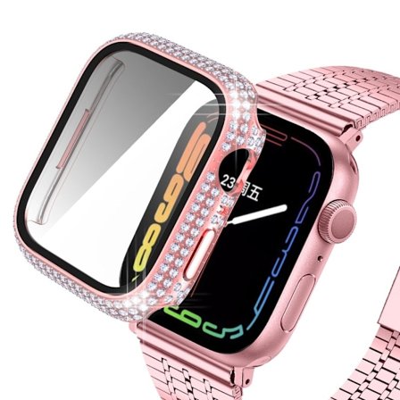 Apple Watch (41mm) stylish rhinestone décor cover with tempered glass - Pink