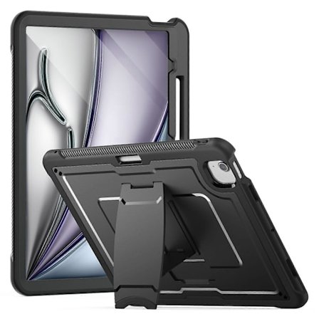 For iPad Air 13 (2025) (2024) A3268 Deksel PC + TPE Nettbrettdeksel med Skjult Sink Legering Støtte Svart