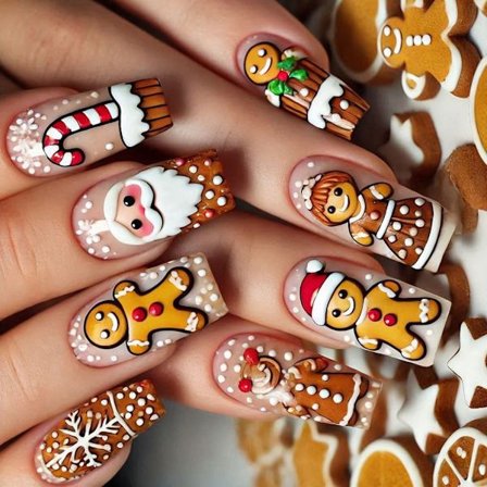 24 stk. falske jule negle Gingerbreads Man Design Tryk på kunstige negle