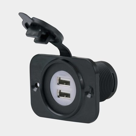 USB outlet Marinco, flush-mounted, black, 12 V / 24 V, 2.1 A, USB-A + USB-A, with cover