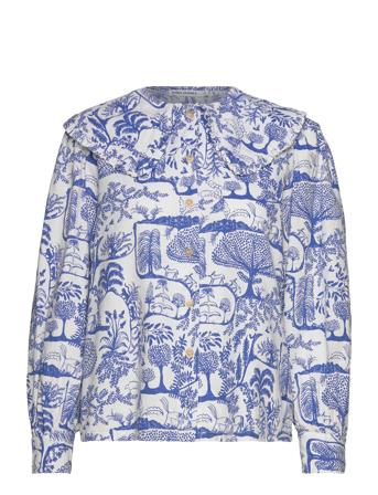 Wonderland Printed Big Collar Blouse Tops Blouses Long-sleeved Blue Bobo Choses