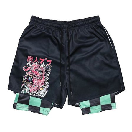 Anime Print 2 i 1 Gym Shorts för män, atletiska träningsshorts med foder, Bodybuilding Training Running Jogging Quick Dry