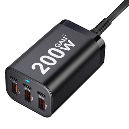 200W GaN3 6-Port USB C-laddare, 3 USB-C & 3 USB-A Snabbladdningsstation, Typ-C Strömadapter för MacBook, iPhone, iPad, Laptop, Multi-Enhet