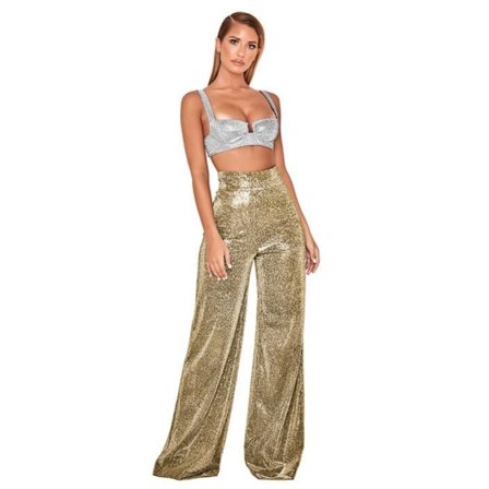 Dam Glittrig glitter byxor med vida ben med hög midja