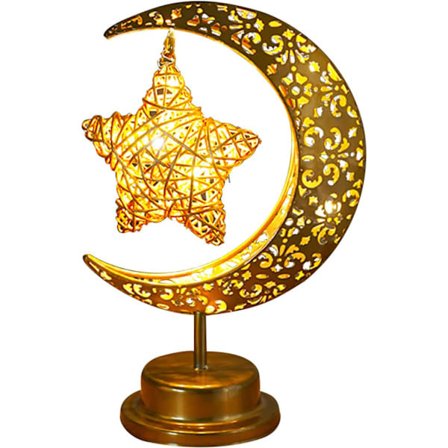 Ramadan bordlampe med halvmåne, blank metall, stjernelampe, månelampe, batteridrevet, dekorativ Eid-lampe, nattlampe, måneskinn for b Moon rattan star