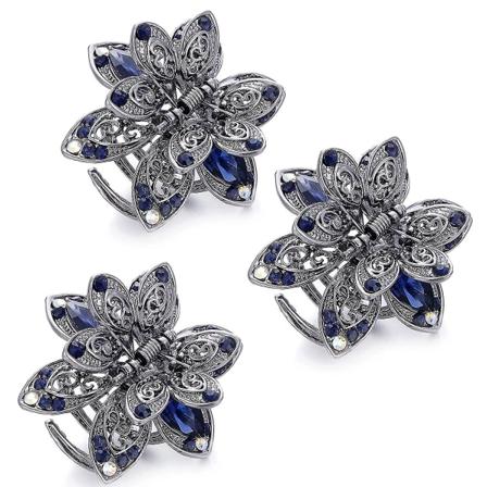 3-pak mini kæbeklemmer, 1,5 tommer metal krystal hårkløer, skridsikre blomsterbarrette, vintage metal rhinsten hårklemme tilbehør til