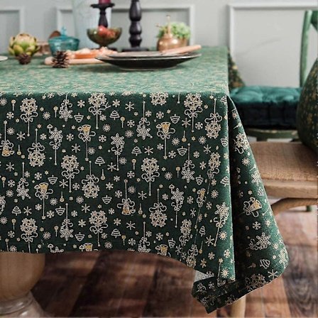 Snöflingemönstrade juldukar i bomullslinne, jul- och högtidstryckta dukar för fest, bankett, kök och matsal (grön, 140x260 cm)