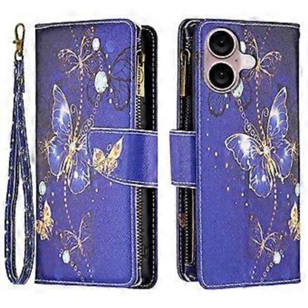 BF03 Kompatibelt Skal för iPhone 16 Plus Mönstertryck Dragkedja Läder Telefonställ Skydd (Lila)