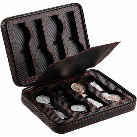 Klockförvaringslåda 8 fack klockdisplayhållare fodral kolfiber smyckesarmband samlingsorganisatör med dragkedja (svart 8 fack)