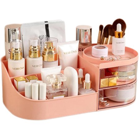 Förvaringslåda för hudvård, sminkbordsorganisatör med lådor, kosmetikorganisatör för bänkskiva, sminkborsthållare med läppstiftsställ.