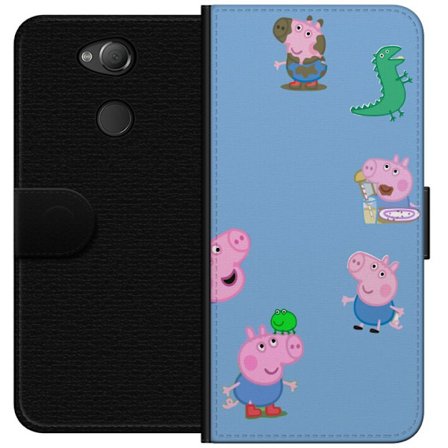 Yhteensopiva Lompakkokotelo Sony Xperia XA2 Peppa Pig kasvomalli vaaleansinisellä pohjalla, toistuva leikkisä lasten motiivi Greeta Possulla