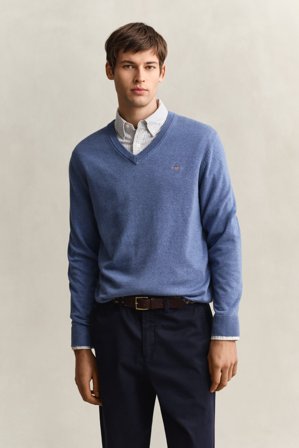 GANT Herren Klassischer V-Neck Pullover aus Baumwolle (L) Blau