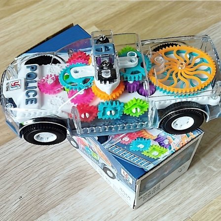 Sähköinen poliisiauto lelu valoilla ja musiikilla, moottoroidut liikkuvat robottimaiset vaihteet, läpinäkyvä runko ja valkoinen alusta - STEM-