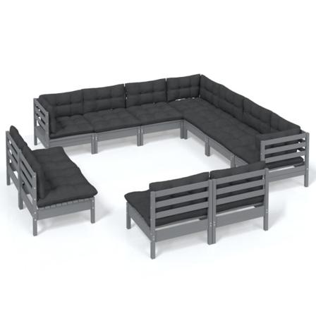 Vidaxl Loungegrupp Med Dynor 11 Delar Grå Massiv Furu Grå