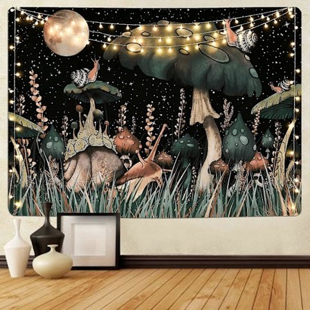 Sienikuvioinen seinävaate Musta metsä Etana Kuu Tähdet Kasvit Seinäkangas Seinätaide Seinävaate Makuuhuoneeseen Olohuoneeseen 150x130cm