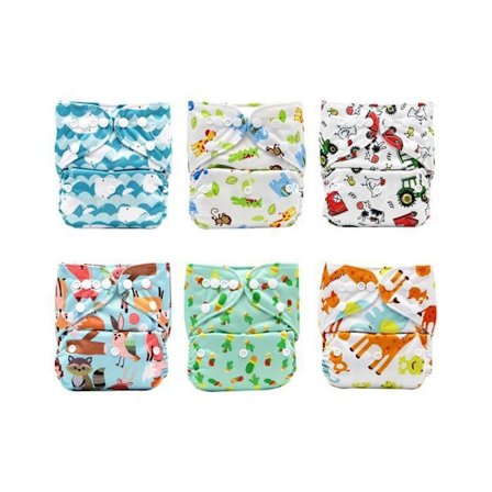 Sæt med 6 bleer, én størrelse passer alle, justerbare, vaskbare, genanvendelige - tilfældig stil