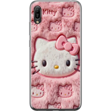 Kompatibel Mobilcover til Huawei Y6 Pro (2019) Hello Kitty lyserød fluffy baggrund med ikonisk ansigt og kawaii-æstetik