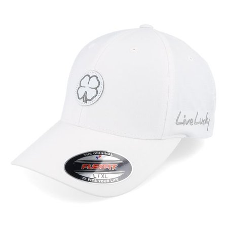 Black Clover - Vit flexfit Keps - Sharp Luck 5 White/Silver Leather Patch Flexfit @ Hatstore