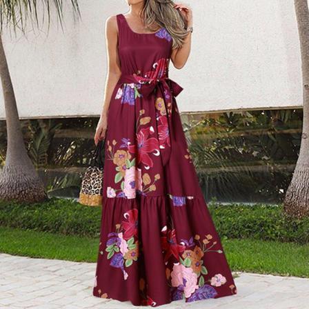 Kvinnor Ärmlösa Maxiklänningar Print Sommar Beach Sundress