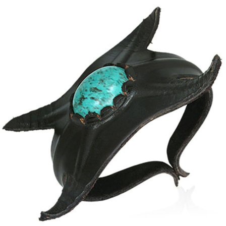 Aito MUSTA Nahkainen Ranneke Rannekoru Turkoosilla