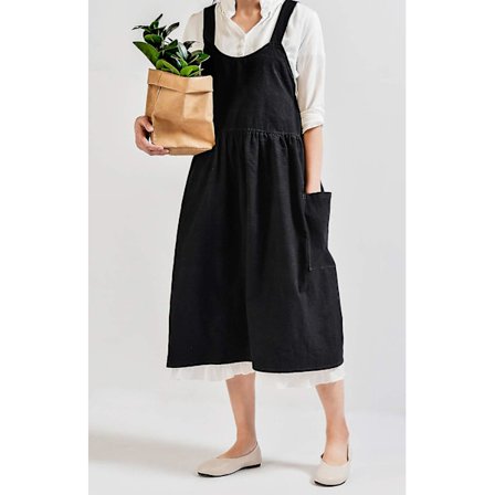 Bomullslin kryssrygg forkle for kvinner med lommer for matlaging hagearbeid uten midjebånd