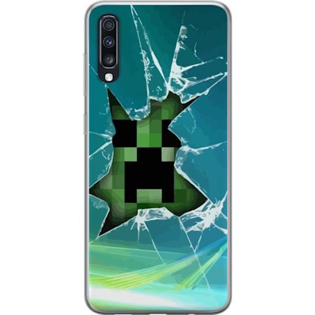 Yhteensopiva Puhelinkuori Samsung Galaxy A70 Minecraft Creeperin läpi särjetystä lasista dramaattisella räjähdysvaikutuksella, jossa ikoninen Creeper