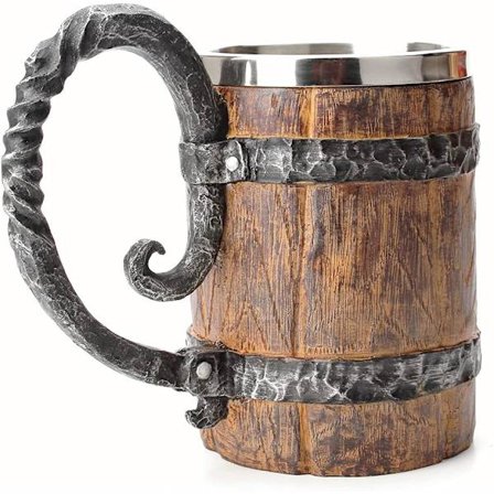 Otartu Vintage Ølseidel i Faux Oak Wood, Middelaldersk Retro Viking Rustfritt Stål Kaffekopp Seidel, 17oz/500ML Krus