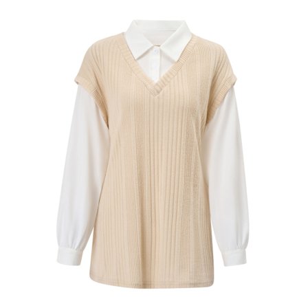 2 in 1 Naisten Väripalikkatoppi Laskettu Olkapää Pitkähihainen Nappipaita Pusero Streetwear Muoti Toppi Aprikoosi L