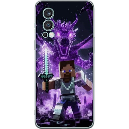 Kompatibelt Mobilskal till OnePlus Nord 2 5G blockbaserad hjältefigur med svärd framför lila kristalldrake, dramatisk fantasy, pixelestetik och mag
