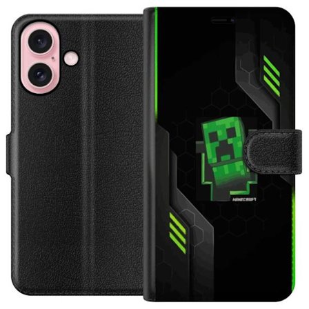 Kompatibelt Plånboksfodral till Apple Apple iPhone 16 Grön pixelbaserad creeperliknande spelillustration med futuriska neoninslag och mörk techbakg