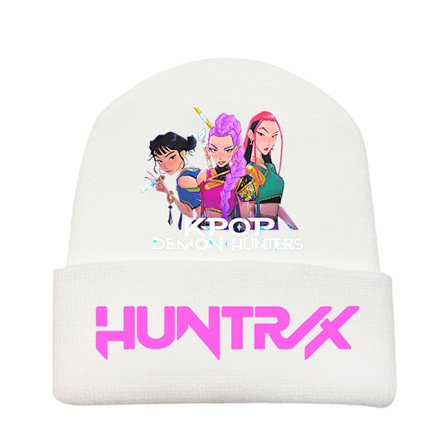 KPOP DEMON HUNTER omgivande stickad mössa krullad ullmössa tryckt beanie utomhus kall mössa vuxen Vit-7