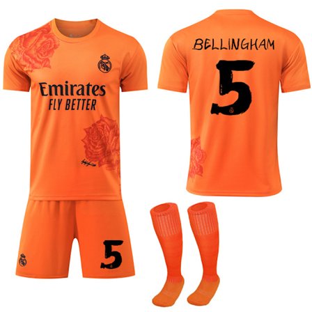 2024 Real Madrid Y3 Co-Branded Special Edition Rose Pattern Fodboldtrøje Orange Børns fodboldsæt