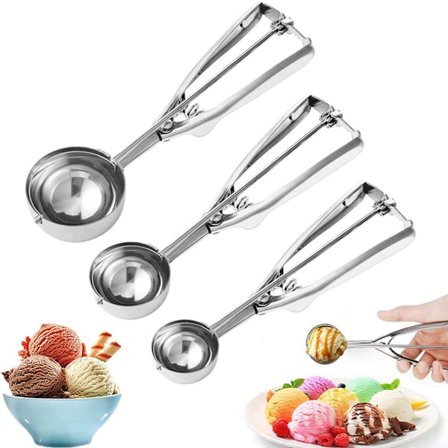 ING Keksilusikkasetti - Kolmiosainen keksilusikkasetti - Ruostumaton teräs - 4 cm + 5 cm + 6 cm - Jäätelökauhan klipsi