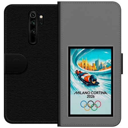 Kompatibelt Lommeboketui til Xiaomi Redmi Note 8 Pro Dynamisk bobslede eller skeletonkjører i iskanal med Milano Cortina 2026, bysilhuett og olympisk