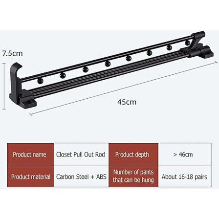 Raskaan sarjan vedettävä vaatetanko - Vaatekaapin henkiskisko, yläkiinnitys vaatekaapin tilan säästämiseksi (koko: 45)