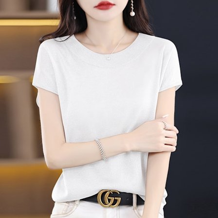 Sommer Ny Casual Kortærmet Dame Rund Hals Strik Sweater Ærme T-shirt Løs Western-stil Lys Silke Elegant Top