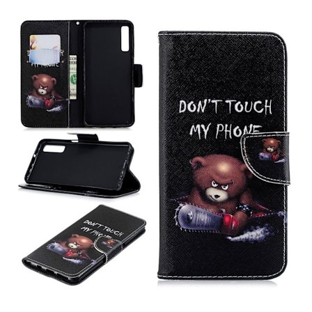 Samsung Galaxy A7 (2018) kuvioitu synteetti nahka lompakko suojakotelo - Nalle ja Varoitusteksti