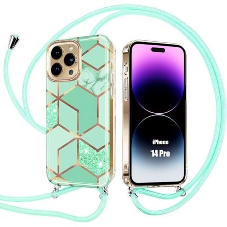 Halskæde Nøglebånd etui til iPhone 14 Pro Forstærket TPU Anti-ridse turkis farve