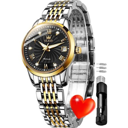 Dame automatiske ure Guld diamant luksus kjole klassisk dame selvoptrækkende tofarvet rustfrit stål armbåndsur gave