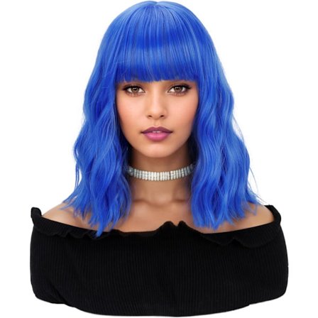 (14 ", Blå) Naturlig bølget paryk med pandehår kort bob parykker damer