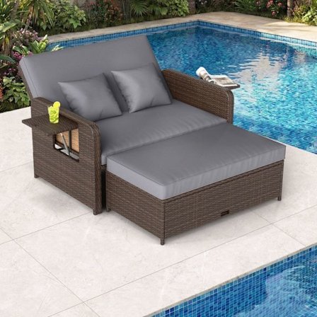 PE COSTWAY Rattan Havemøbler, Opbevarings Ottoman, Justerbar Rygstøtte i 4 Niveauer, Foldbare Sideborde, Grå Puder