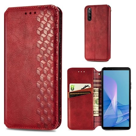 Läder Sony Xperia 10 III fodral med romb-design - Röd