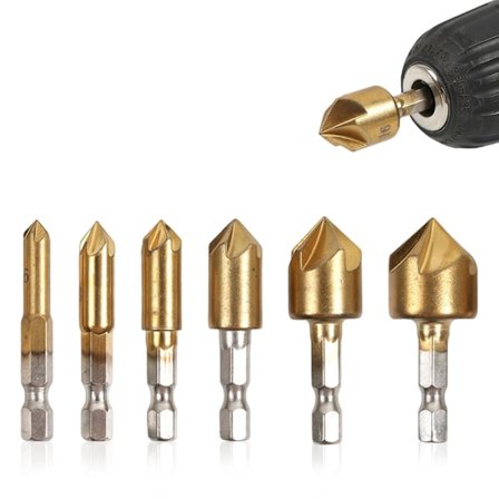 Försänkare borr, 6mm~19mm HSS försänkare borr med 1/4 tums sexkantsskaft, 90-graders träbearbetningsfasningsborr.