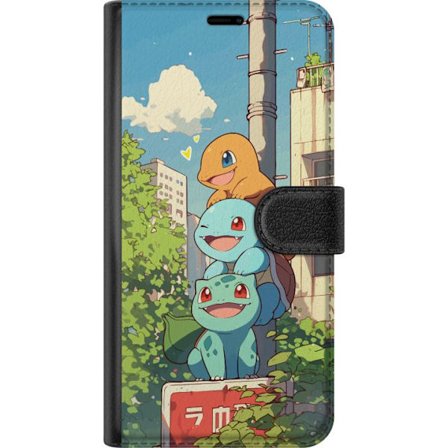 Kompatibelt Lommeboketui til Samsung Galaxy A56 Bytrio tre glade små skapninger i et urbant miljø med blå himmel og grønne trær