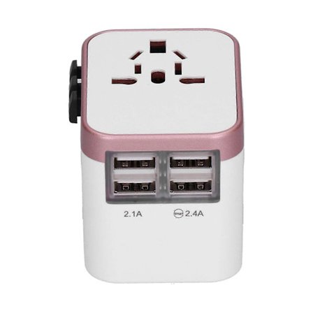 International strømadapter rejseadapter med 4 USB-porte til UK EU US JP AU CN 100~240V - Rosaguld