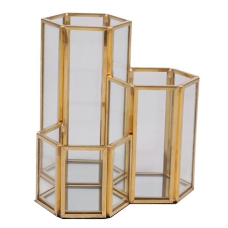 Glas Koppar Hexagon Komposit Pennhållare Sminkborste Glaslåda Multifunktionell Skrivbordsorganisatör Off