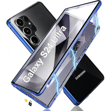 Magnetiskt fodral till Samsung S24 Ultra / S24 Plus / S24 Dubbelsidig härdat glas metall stötfångare med säkerhetslås, trådlös laddare